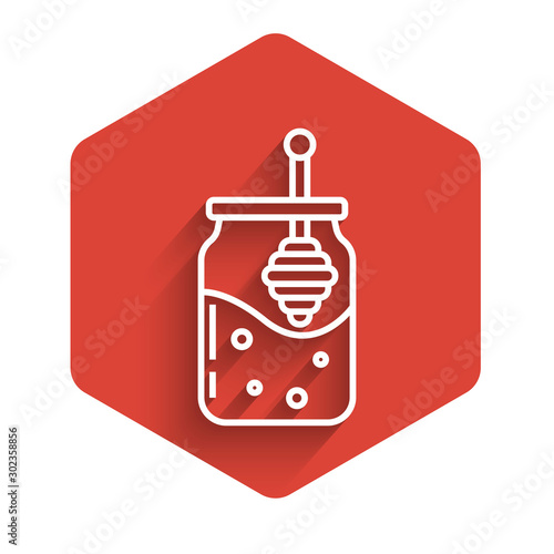 White line Jar of honey and honey dipper stick icon isolated with long shadow. Food bank. Sweet natural food symbol. Honey ladle. Red hexagon button. Vector Illustration