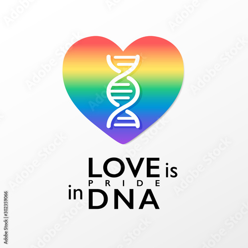 Heart in rainbow color with DNA helix icon. LGBT pride symbol. Love Is In DNA text concept design. Vector illustration.