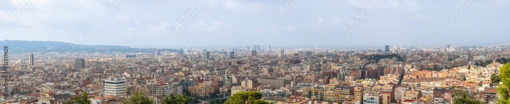 Barcelona, Spain - august 2019: panoramic background of Barcelona, extra long view. A lot of building, horizon and cloudy sky. Selective soft focus. Blurred background