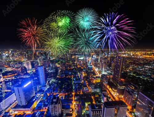 Photography Fireworks celebrating over Bangkok cityscape at night, Thailand
