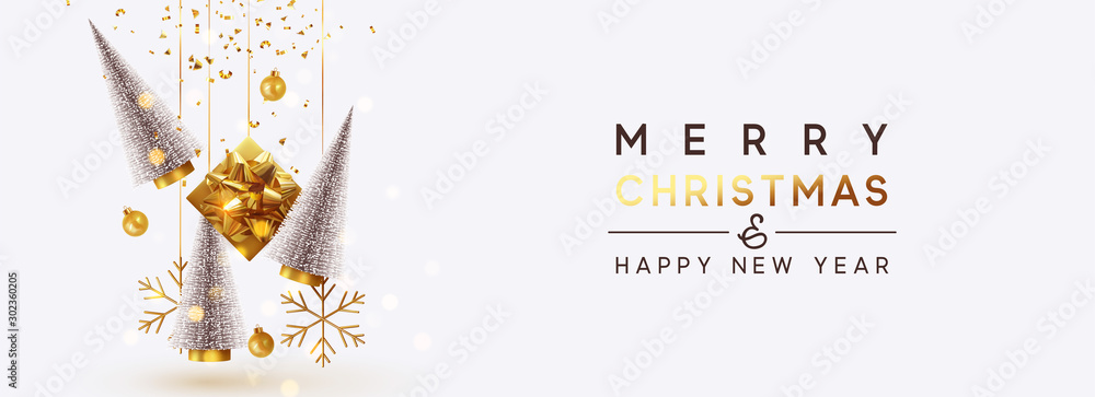 Christmas banner Background realistic festive gifts box. Christmas lush tree silver color. Xmas present. Horizontal New Year poster, greeting card, header for website. Gold and white decor ornaments - obrazy, fototapety, plakaty 