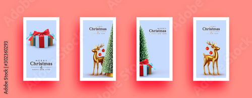 Xmas Set of holiday backgrounds. Merry Christmas and Happy New Year. Collection of greeting cards, covers, web posters, banners. holiday brochures, flyers. Christmas trees, gold deer and gift boxes