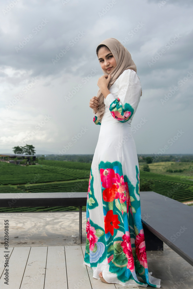 Arab women standing on the mountain view background. Arab women standing on the mountain view background.