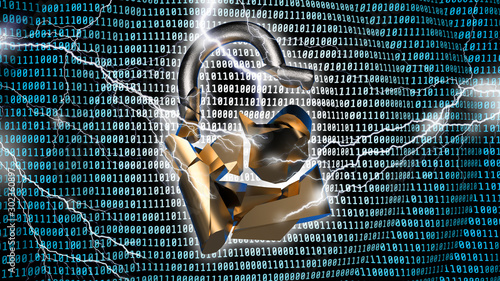 Data breach concept with broken padlock and binary code background. 3D illustration photo