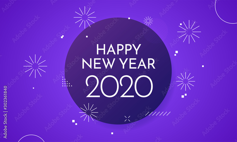 Happy New Year 2020 celebration poster template design with purple abstract fluid liquid background and fireworks vector illustration