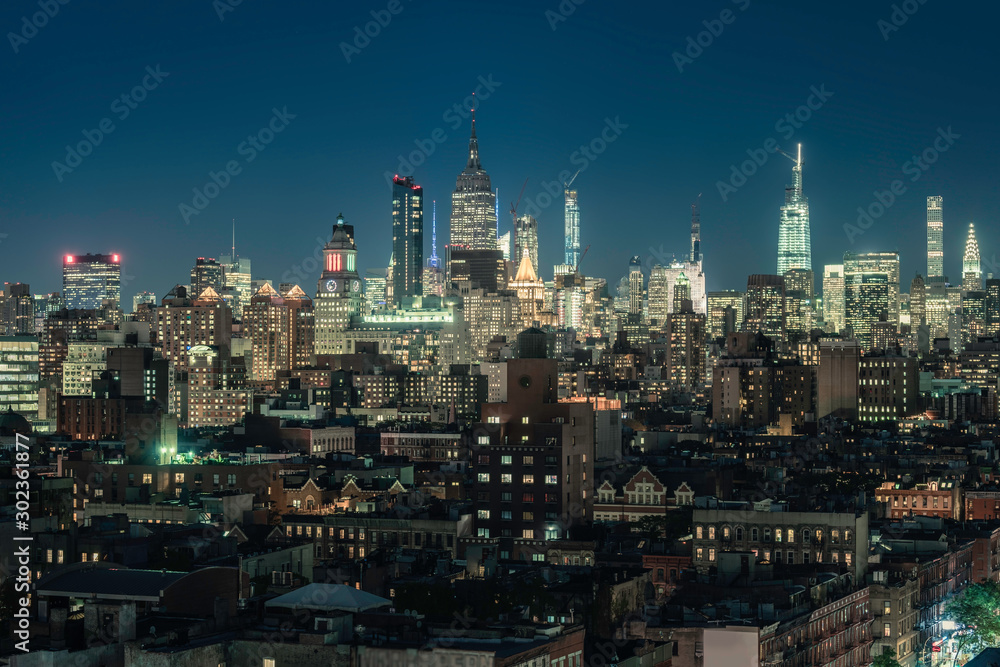 New York panorama at night. City lights with skyscrapers