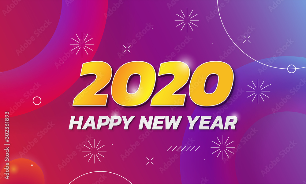 Happy New Year 2020 celebration poster template design with colorful abstract fluid liquid background and fireworks illustration vector illustration