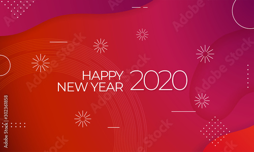Happy New Year 2020 celebration poster template design with colorful abstract fluid liquid background and fireworks vector illustration