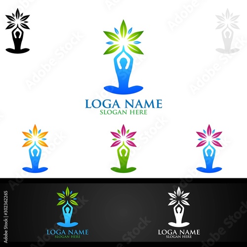 Yoga and Lotus flower logo with Health Spa Concept and Human silhouette