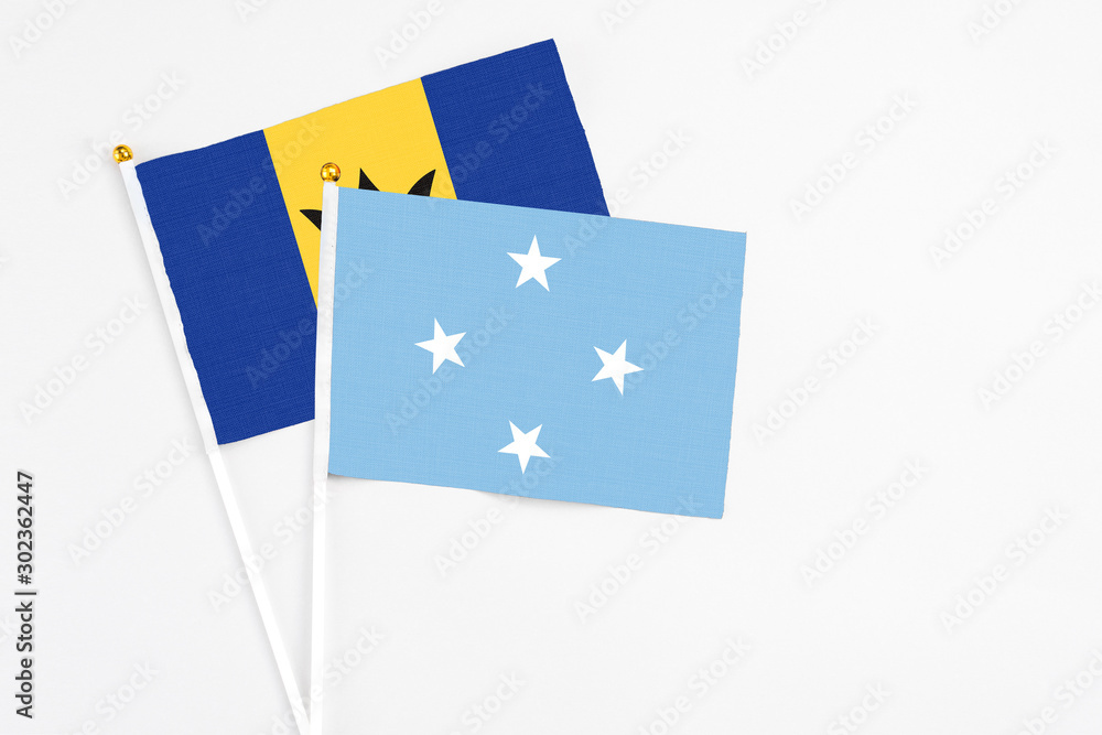 Micronesia and Barbados stick flags on white background. High quality fabric, miniature national flag. Peaceful global concept.White floor for copy space. Micronesia and Barbados stick flags on white background. High quality fabric, miniature national flag. Peaceful global concept.White floor for copy space.