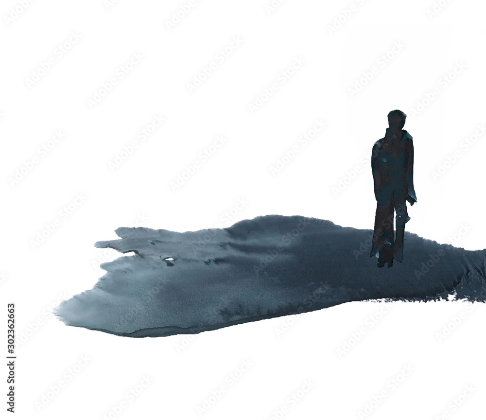 silhouette of a lonely man, man goes into the distance, illustration - obrazy, fototapety, plakaty 