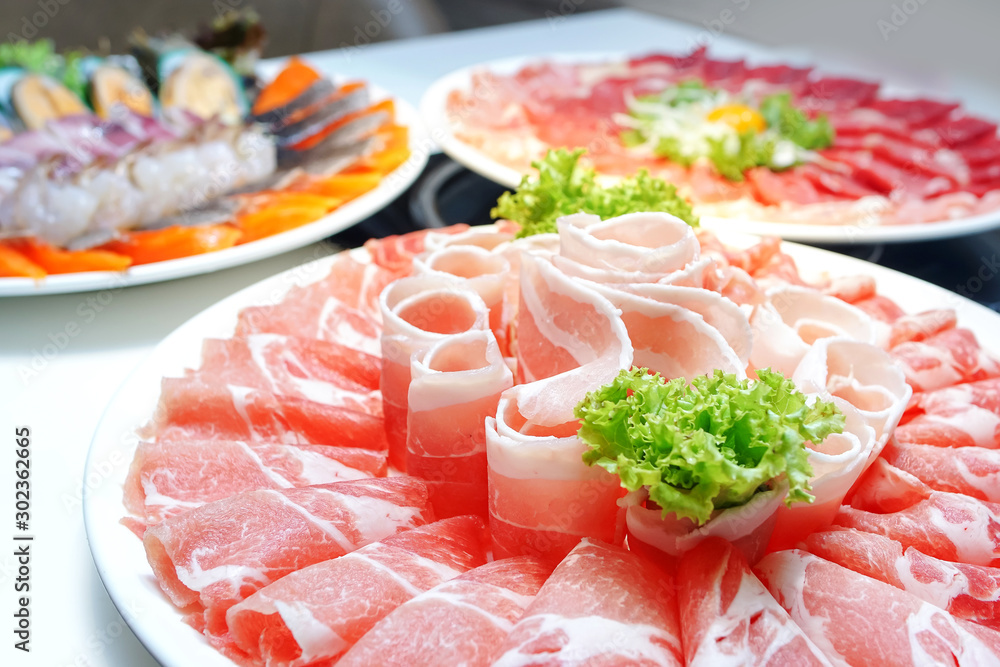 Pork , beef and seafood set for sukiyaki and yakiniku