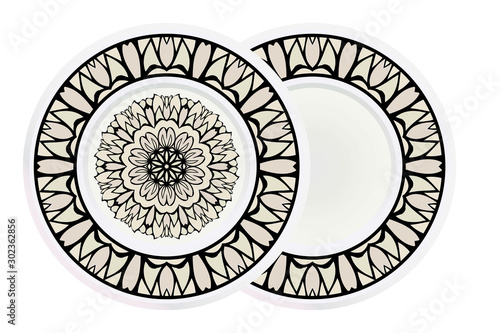 Matching decorative plates for interior designwith floral art deco pattern. Empty dish, porcelain plate mock up design. Vector illustration. White, grey color