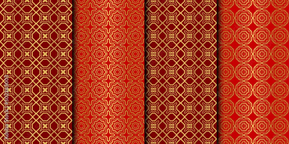 Set of Seamless Pattern With Abstract Geometric Style. Repeating Sample Figure And Line. Vector illustration. red gold color. Set of Seamless Pattern With Abstract Geometric Style. Repeating Sample Figure And Line. Vector illustration. red gold color.