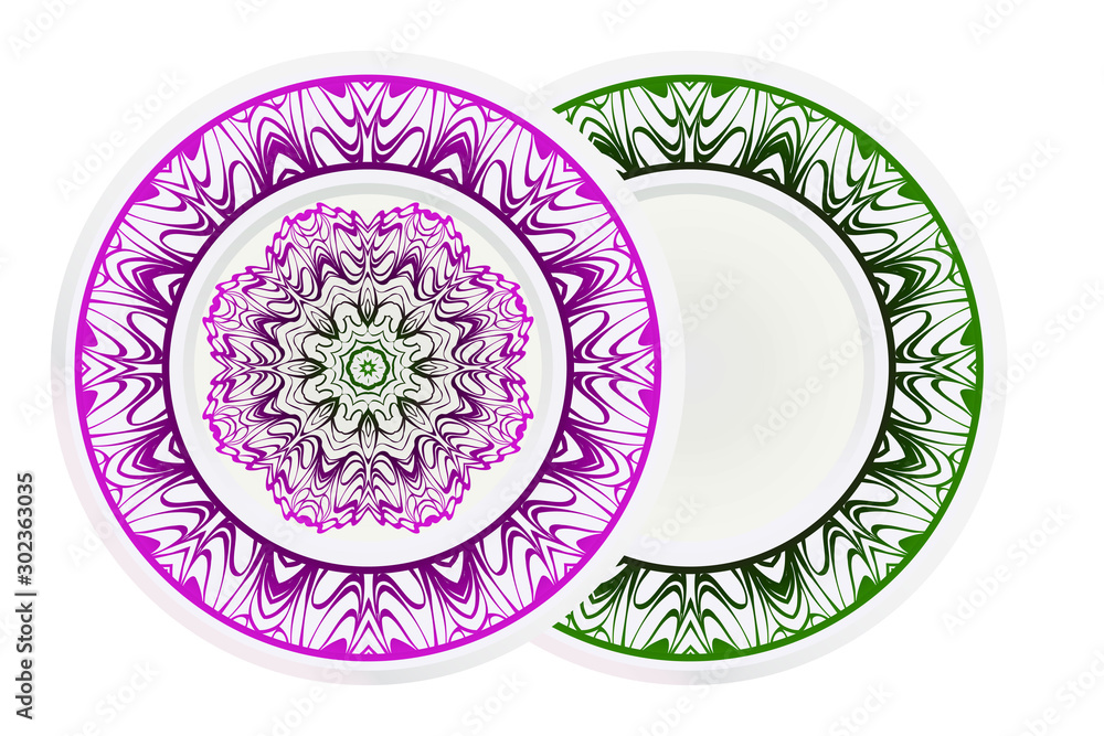 Concept decorative plates with Mandala ornament patterns. Home decor background. Vector illustration. Concept decorative plates with Mandala ornament patterns. Home decor background. Vector illustration.