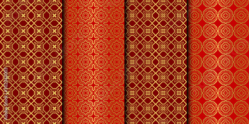 Set of Seamless Pattern With Abstract Geometric Style. Repeating Sample Figure And Line. Vector illustration. red gold color.