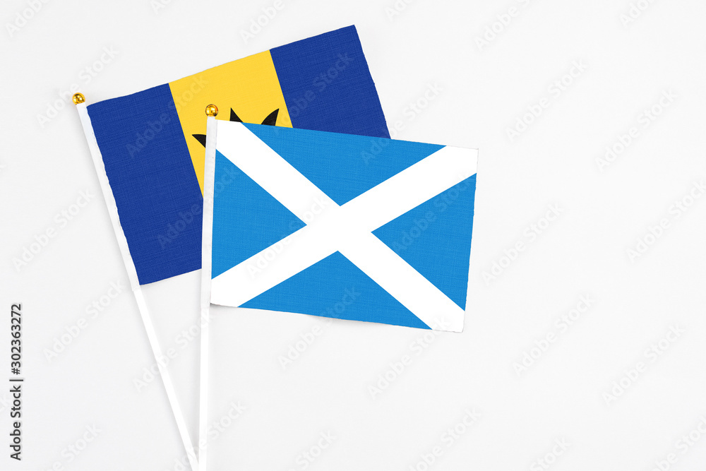 Scotland and Barbados stick flags on white background. High quality fabric, miniature national flag. Peaceful global concept.White floor for copy space. Scotland and Barbados stick flags on white background. High quality fabric, miniature national flag. Peaceful global concept.White floor for copy space.