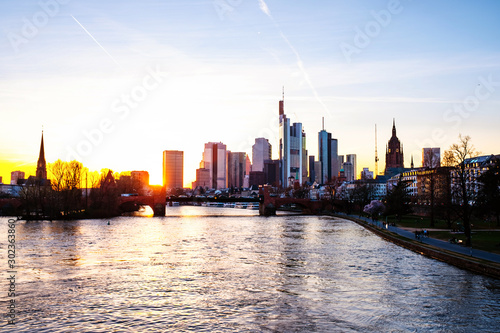 Skyline of Frankfurt, Germany in the sunset with famous skyscrapers