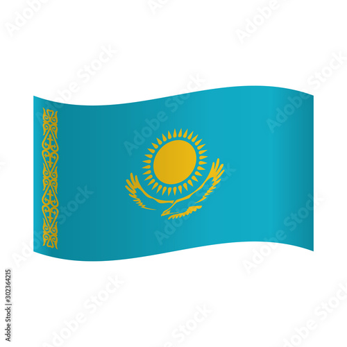 Kazakhstan Flag, National flag of Kazakhstan: golden sun above eagle and golden ornament on the left on blue background.