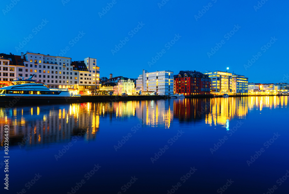 View of harbour modern buildings in Bergen, Norway during the sunrise