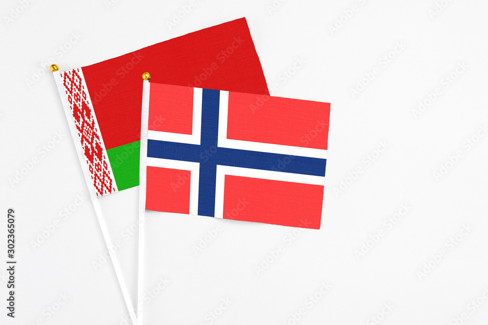 Bouvet Islands and Belarus stick flags on white background. High quality fabric, miniature national flag. Peaceful global concept.White floor for copy space.