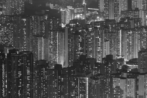 Aerial view of high rise residential building in Hong Kong city at night