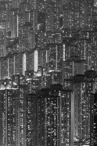 Aerial view of high rise residential building in Hong Kong city at night