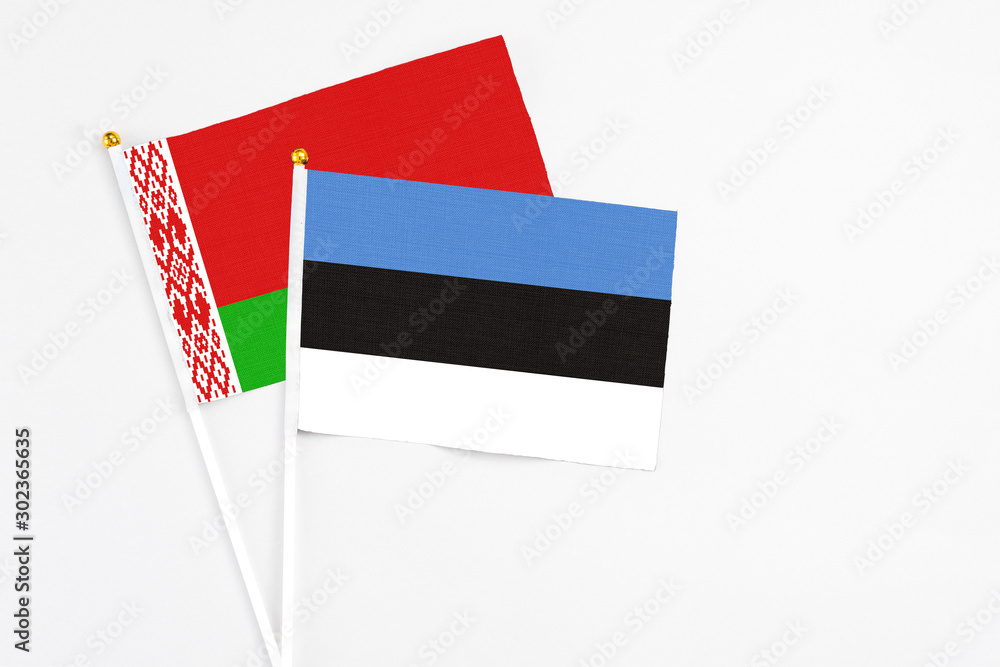 Estonia and Belarus stick flags on white background. High quality fabric, miniature national flag. Peaceful global concept.White floor for copy space. Estonia and Belarus stick flags on white background. High quality fabric, miniature national flag. Peaceful global concept.White floor for copy space.