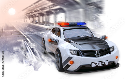 Original design police car driving on the highway. 3D illustration