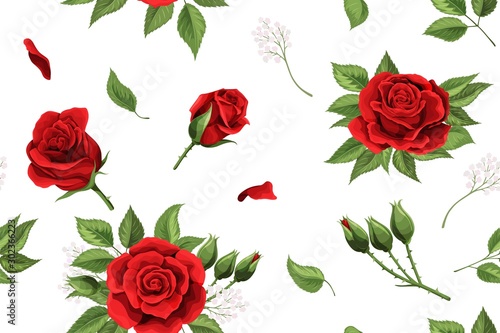 Red rose flower and soft petals elements seamless pattern © Andrew