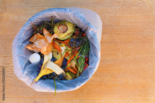 Domestic waste for compost from fruits and vegetables in garbage bin.