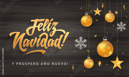 Feliz Navidad - Merry christmas in spanish language black wood card template glitter gold elements, snowflakes, stars and calligraphy