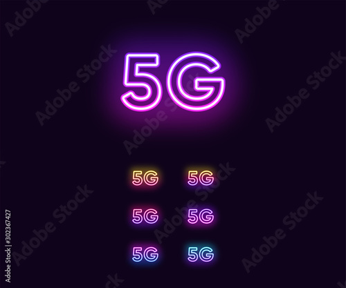 Neon 5G network Icon, Mobile Technology. Set of Gradient Neon Signs, Wireless 5G internet connection