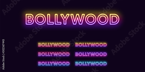 Neon Bollywood name, Indian Cinema industry. Set of glowing Neon text Bollywood