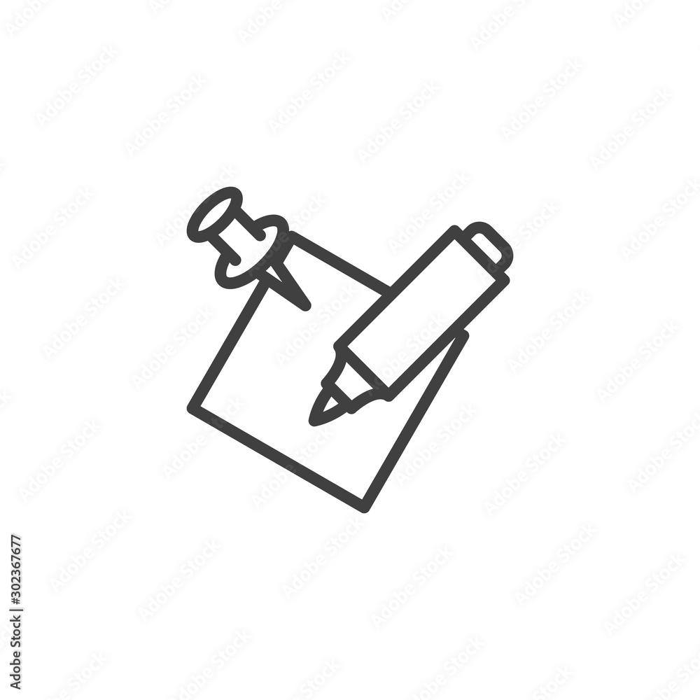 Felt pen and memo paper line icon. linear style sign for mobile concept and web design. Notepaper with pen outline vector icon. Symbol, logo illustration. Vector graphics Felt pen and memo paper line icon. linear style sign for mobile concept and web design. Notepaper with pen outline vector icon. Symbol, logo illustration. Vector graphics