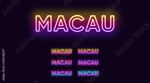 Neon Macau name, City in China. Neon text of Macau city. Vector set of glowing Headlines