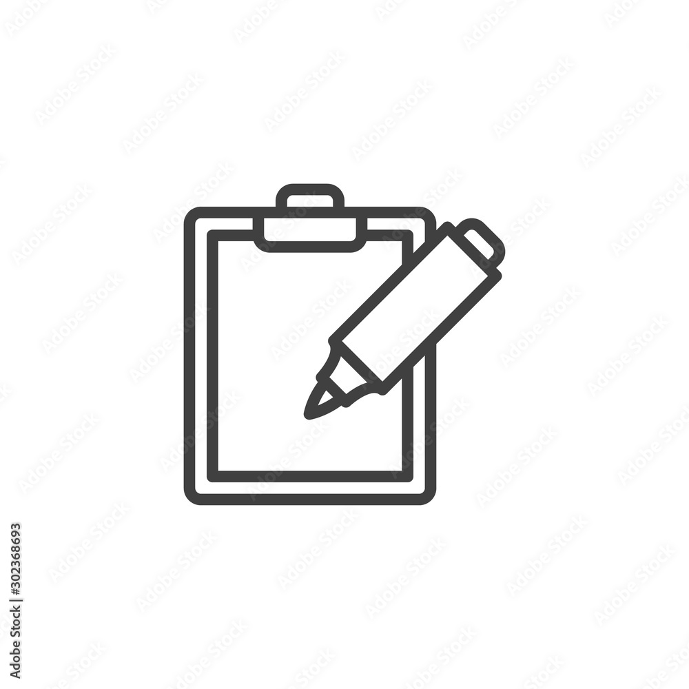 Felt pen and paper clipboard line icon. linear style sign for mobile concept and web design. Note pad and marker pen outline vector icon. Writing form symbol, logo illustration. Vector graphics Felt pen and paper clipboard line icon. linear style sign for mobile concept and web design. Note pad and marker pen outline vector icon. Writing form symbol, logo illustration. Vector graphics