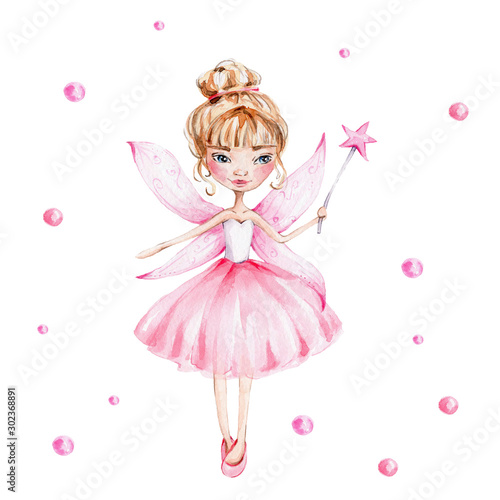 Photo Cute cartoon fairy with magic wand and wings; watercolor hand draw illustration;