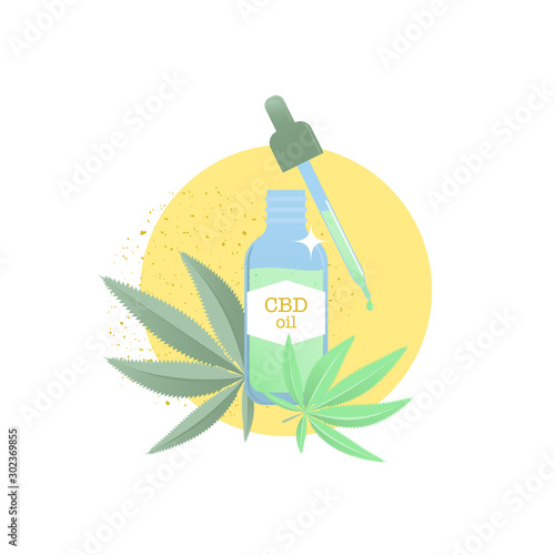 Vector bottle and dropper with CBD oil and hemp leaves