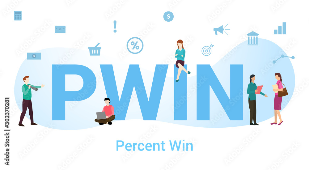 pwin percent win or percentage concept with big word or text and team people with modern flat style - vector