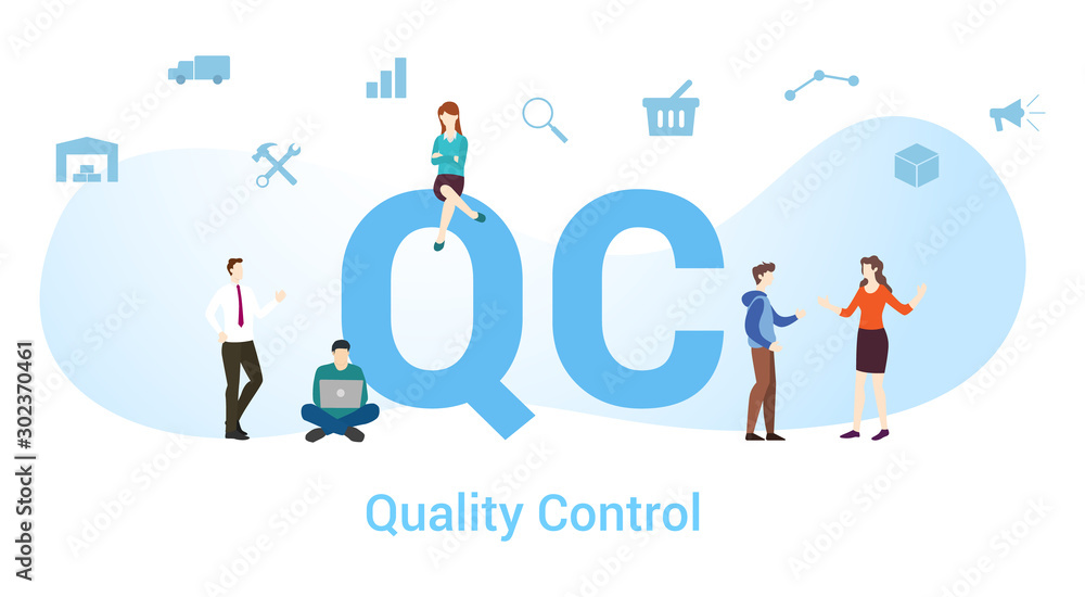 qc quality control concept with big word or text and team people with modern flat style - vector qc quality control concept with big word or text and team people with modern flat style - vector