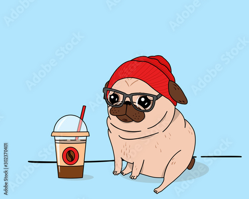 Creative conceptual food drink beverage vector illustration. Pug dog with fashionable hat  cap beanie and take away coffee cup and glasses.