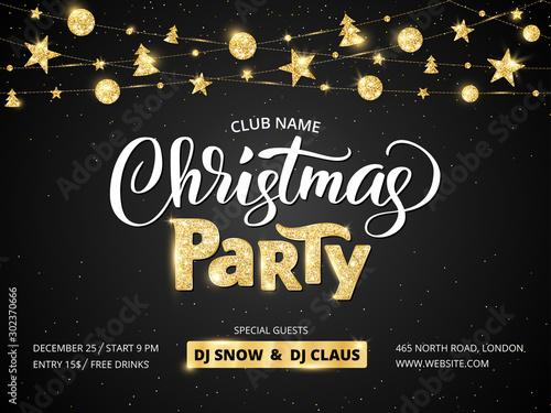 Christmas party poster template. Golden ornaments decoration.