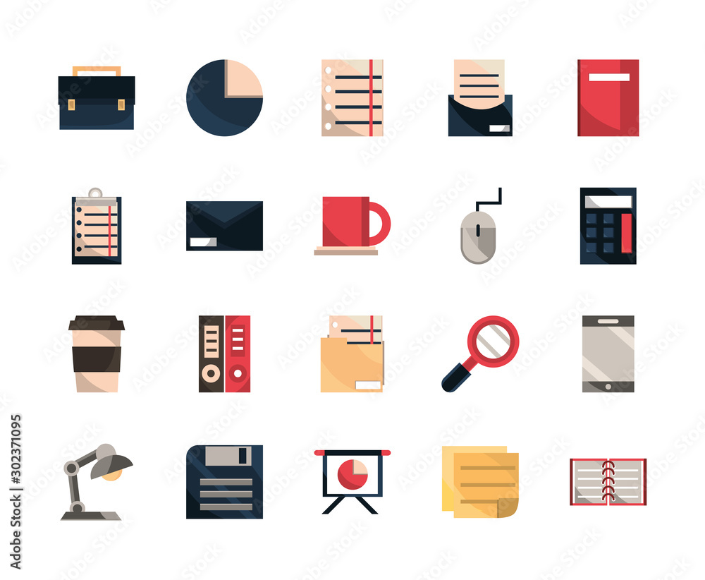 office work business equipment icons set