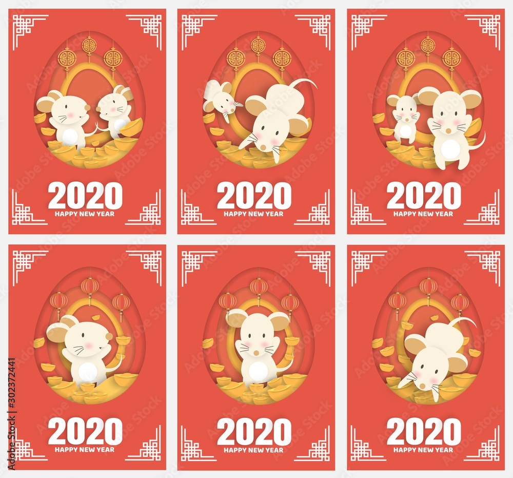 set of new year card. Chinese new year 2020 year of the rat , paper cut rat character  for greeting card , poster in paper cut and craft style .