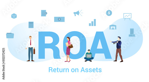 roa return on assets concept with big word or text and team people with modern flat style - vector