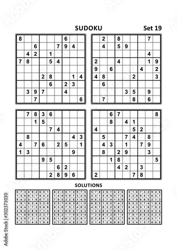 Four sudoku puzzles of comfortable (easy, yet not very easy) level, on A4 or Letter sized page with margins, suitable for large print books, answers included. Set 19.