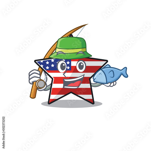 Confident happy usa star character fishing mascot