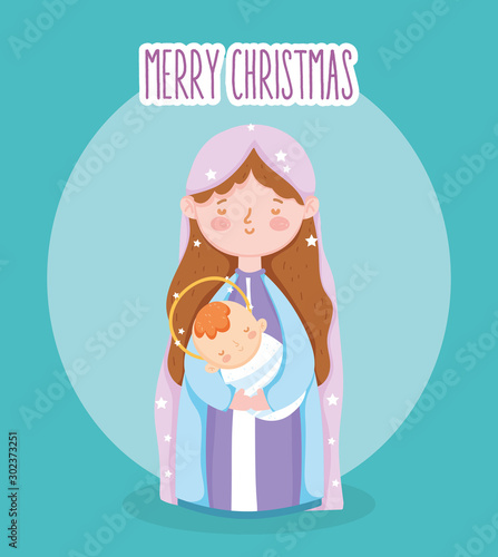 mary with baby in arms manger nativity, merry christmas