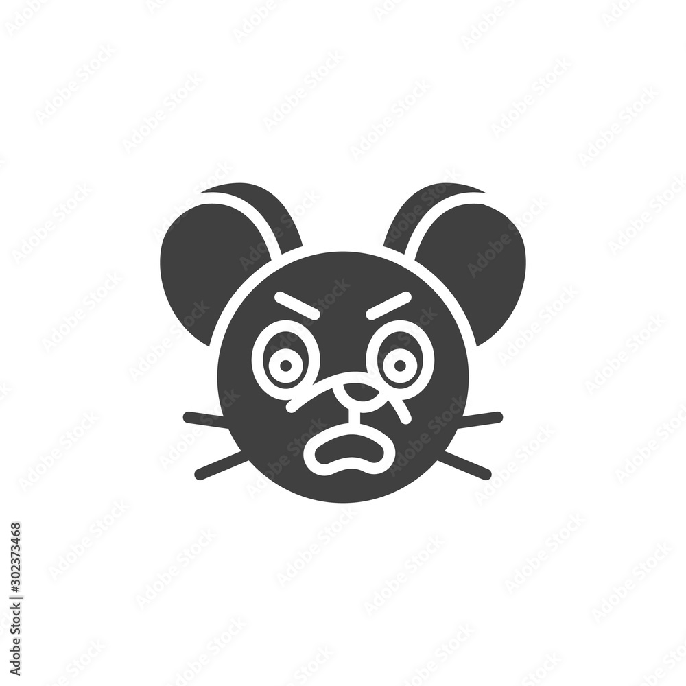 Annoyed rat emoticon vector icon. filled flat sign for mobile concept and web design. Angry mouse face emoji glyph icon. Chinese 2020 year of the rat symbol, logo illustration. Vector graphics